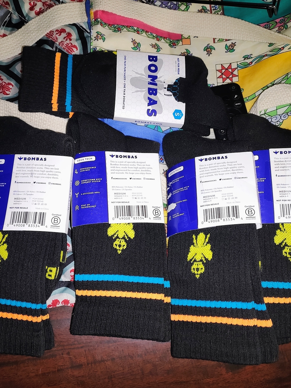Bombas Men's Black Crew Socks with Yellow Bee and Blue & Orange Stripes (Pack)